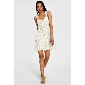 Bar III Babydoll Mini Sun Dress White Ditsy Floral Milkmaid Sz M